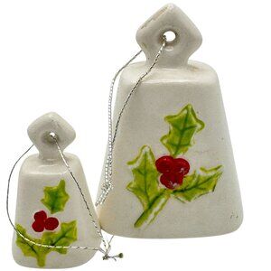 Holly Embellished Stoneware Christmas Bells Set Of 2 Vtg Silver String Hangers